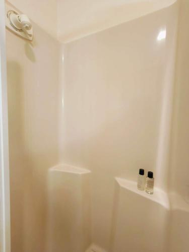 a bathroom with a shower with two bottles on a shelf at Bayview Holiday Flat in Auckland