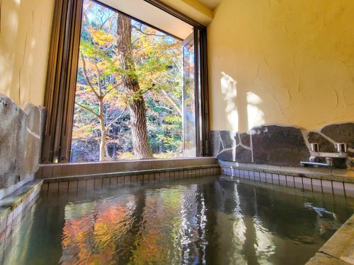 a pool of water in a room with a window at Yama no Ie in Nikko