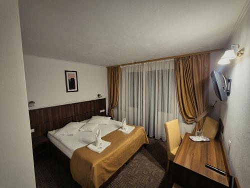 a hotel room with a bed and a table at Hotel Claris in Văliug