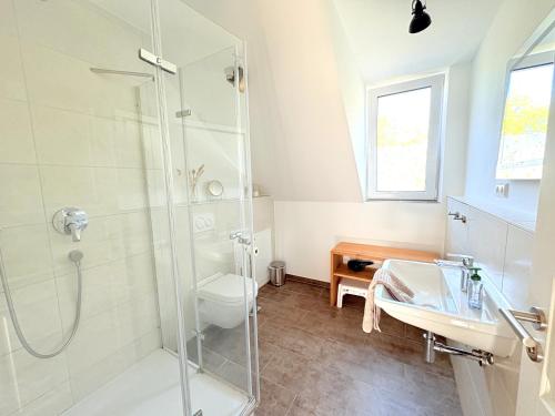 ein Badezimmer mit Dusche, Toilette und Waschbecken in der Unterkunft Ferienhaus Bug in Dranske