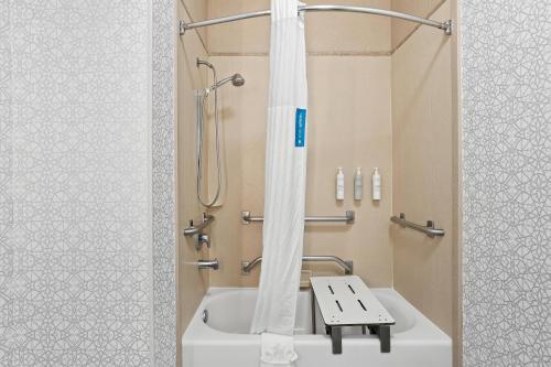 a bathroom with a shower with a white tub at Hampton Inn Provo in Provo