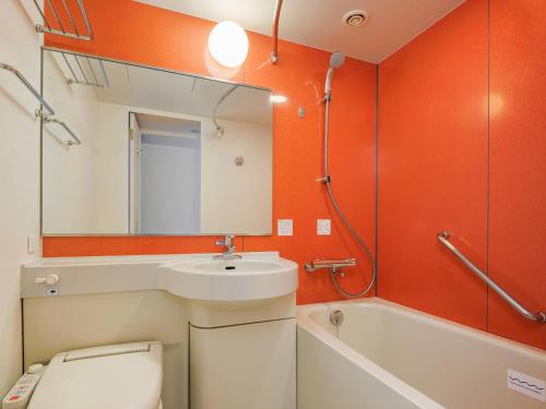 a bathroom with a sink and a toilet and a mirror at Comfort Inn Karuizawa in Karuizawa