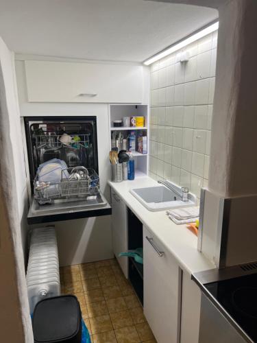 a small kitchen with a sink and a dishwasher at Basic Monteurzimmer Work & Stay in Kempten