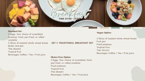 Una página de un menú de desayuno con dos platos de comida. en Bung Bud Garden Bungalows & Homestay - Koh Yao Noi, en Phang Nga