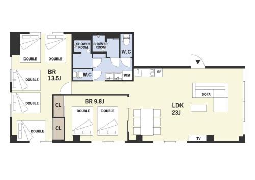 a floor plan of a house at INOVE VILLA OSAKA -120m2 , 7 Double Beds , 2 BR , 2 Bath , Easy Access to Umeda , Kyoto ーPerfect for Families & Groupsー in Osaka