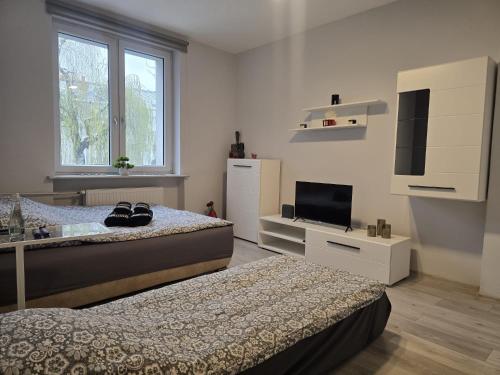 a bedroom with two beds and a sink and a television at Apartament Tuwima 2 in Zabrze