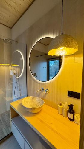a bathroom with a sink and a mirror at Boiko house - котеджі з чаном-джакузі та басейном in Slavske