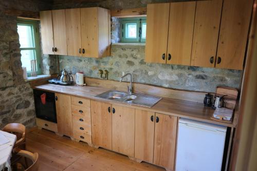 una cucina con mobili in legno e un lavello di Menekse a Koycegiz