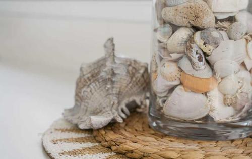 a glass vase filled with shells on top of a basket at Beacon Point House in Port Campbell