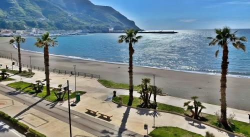 a view of a beach with palm trees and the ocean at Casa Martina in Castellammare di Stabia