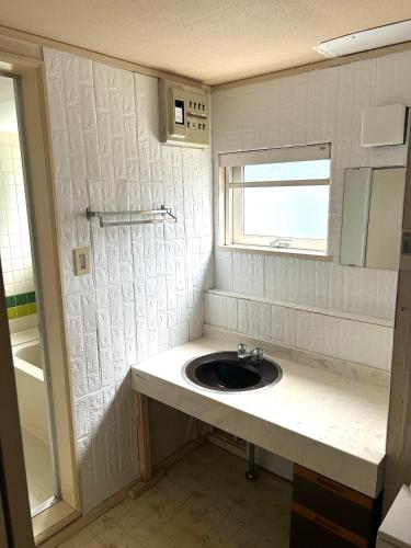 a bathroom with a sink and a window at Nature Moiwa in Sapporo
