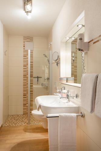 a bathroom with a sink and a toilet and a mirror at Alpenhof Wängle in Reutte
