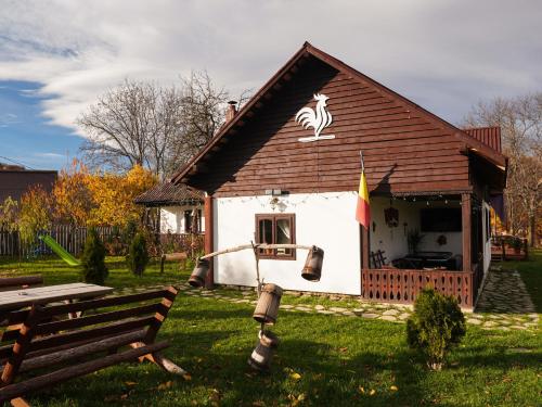 a small house with a flag on the side of it at Pensiunea Cocoș in Spulber