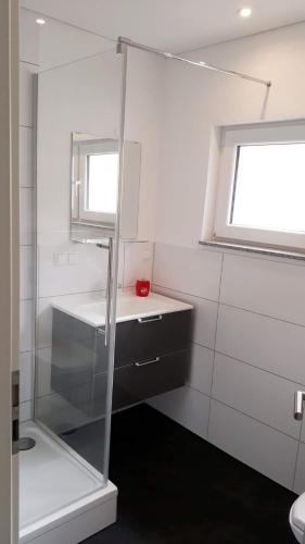 a bathroom with a glass shower and a sink at Ferienhaus Senta in Haßloch
