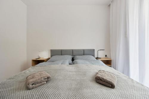 un dormitorio con una cama con dos almohadas. en Apartamenty Skalista Ostoja Beskidy 3, en Szczyrk