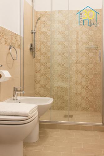 a bathroom with a shower and a toilet and a sink at CIVICO 30 bis in Santa Domenica