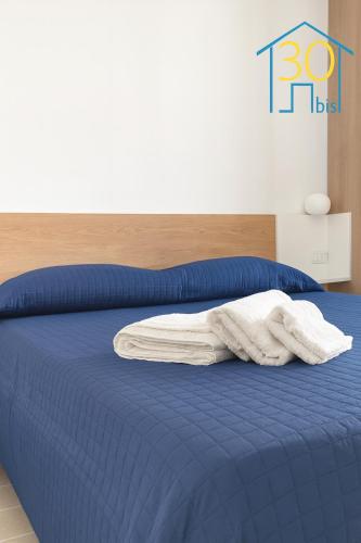 a bed with a blue bedspread and a white blanket at CIVICO 30 bis in Santa Domenica