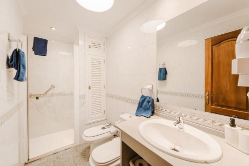 een badkamer met een wastafel, een toilet en een douche bij Playa Chica apartment in Puerto del Carmen
