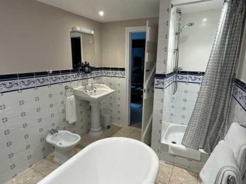 um banheiro com pia, vaso sanitário e banheira em The Maltsters Arms em Totnes