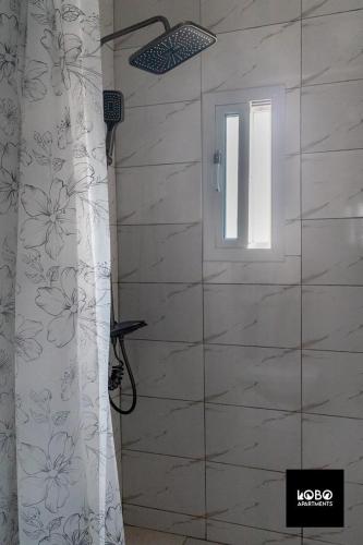 een douche met een glazen deur en een raam bij Studio apartment complex in Serekunda