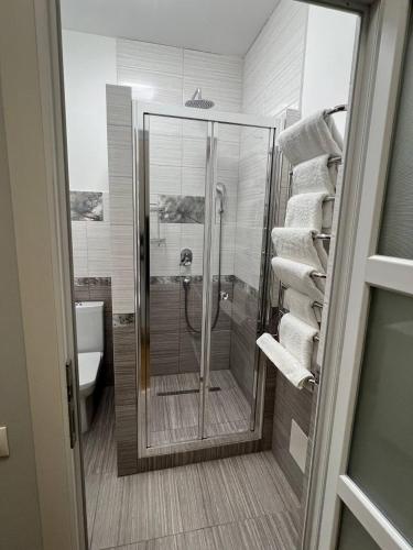 a bathroom with a shower and a toilet and towels at Отель Преображенский in Odesa