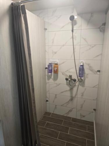 a bathroom with a shower with a glass door at Hao Chi Tao Hotel in Kaohsiung