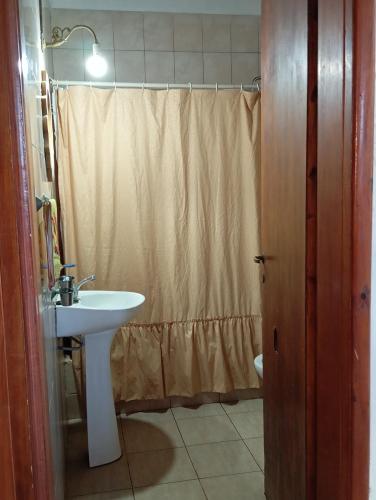 a bathroom with a sink and a shower curtain at Casa Las Marías in General Belgrano