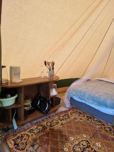 RekkenCamping Ont Moeten - Eindeloos的一间卧室配有一张床、一张桌子和一张地毯。