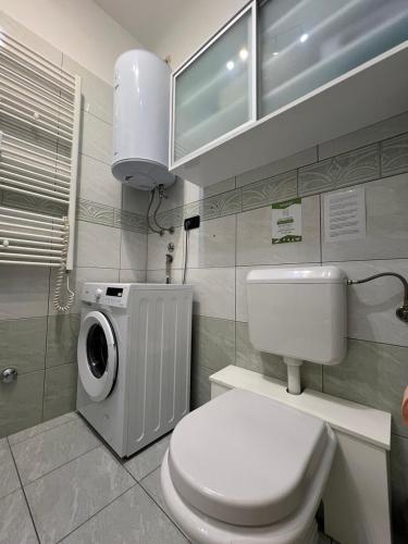 a bathroom with a toilet and a washing machine at Apartment Tashi, Korzo - Rijeka, 2 bedrooms in Rijeka