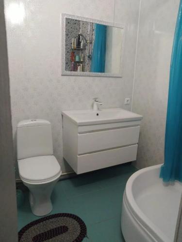 a bathroom with a white toilet and a sink at Wohnung am Weinberg in Sittensen