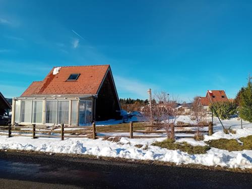EspezelChalet du Plateau de Sault的雪中带红色屋顶的房子