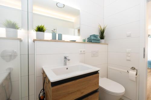 a bathroom with a sink and a toilet at Fewo Wellenklang Hainer See bei Leipzig in Neukieritzsch