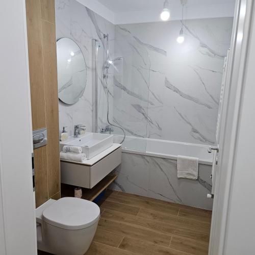 a bathroom with a sink and a toilet and a tub at FourSeasons Residence in Braşov