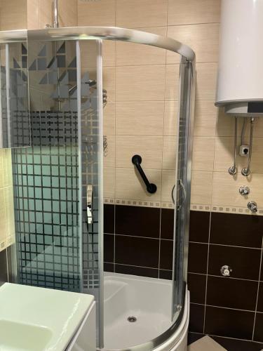a shower with a glass door in a bathroom at Aurea Vista in Kupres