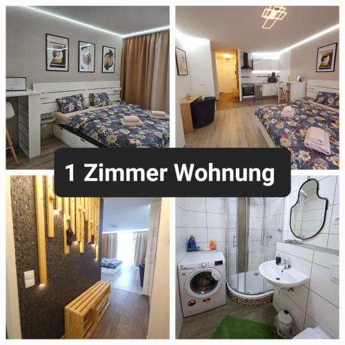 a collage of three pictures of a bedroom and a bathroom at 3-2-1 Zimmer Wohnungen in Mülheim an der Ruhr in Mülheim an der Ruhr