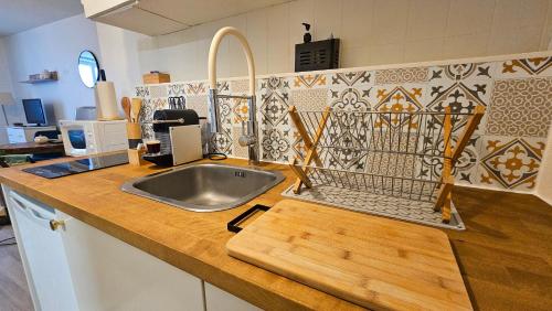 奥尔良La Parenthèse - studio calme proche cathédrale的厨房配有水槽和带台面的台面