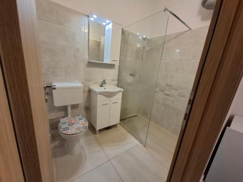 a bathroom with a toilet and a glass shower at Apartments Kod Cara in Lokva Rogoznica