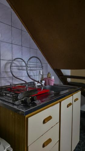 cocina con fogones y encimera en Cabañas Matices, en El Calafate