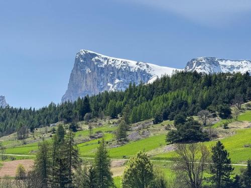 Gîte Le Chicateou في لو ديفولي: جبل في الأفق مع حقل أخضر وأشجار