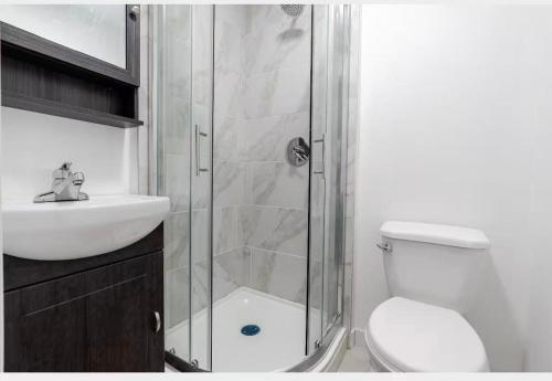 een badkamer met een douche, een toilet en een wastafel bij Comfortable 4B Unit-Close to City Attractions in Montreal
