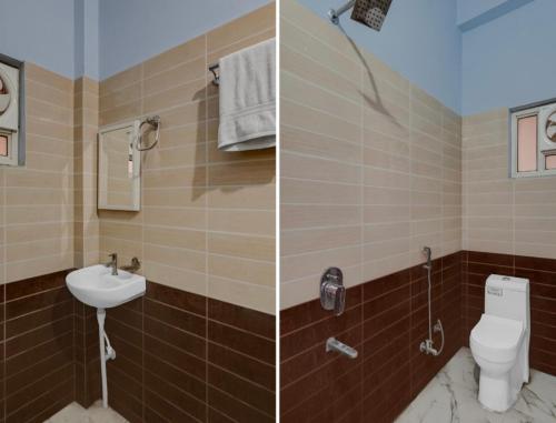 two pictures of a bathroom with a toilet and a sink at Hotel Rudraksh Palace in Sawāi Mādhopur