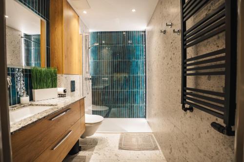 a bathroom with a toilet and a sink and a shower at Velapart in Władysławowo