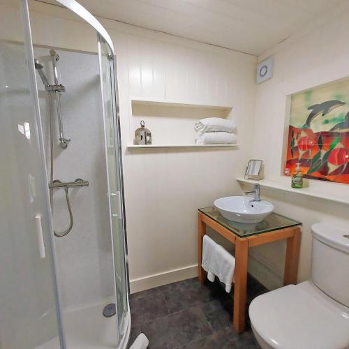 a bathroom with a shower and a toilet and a sink at The Glenerne in Eyemouth