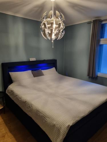 a bedroom with a bed with a blue headboard and a chandelier at Beautiful 2-bedroom apartment in Bergen
