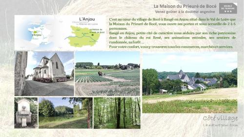 BocéLa Maison du Prieuré de Bocé的一幅由村庄和教堂照片组成的拼贴画。