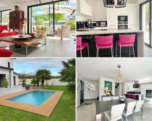 eine Collage mit Fotos von einer Küche und einem Haus in der Unterkunft VILLA TROPICALE - Piscine - Plages à 5 min - 3 chambres in Concarneau