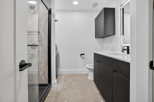 a bathroom with a toilet and a sink and a shower at Downtown Tulsa Beacon Getaway in Tulsa
