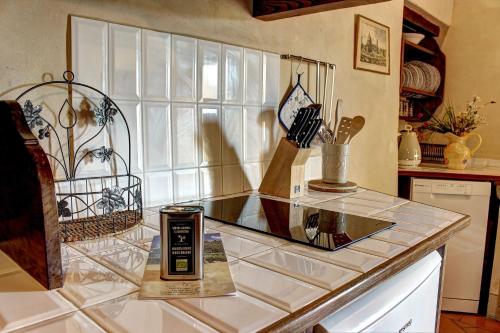 a kitchen with a counter with a glass counter top at Agriturismo Casavecchia in Figline Valdarno