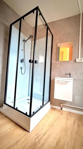 a glass shower in a bathroom with a sink at Orléan 41 B centre-gare-aéroport in Charleroi