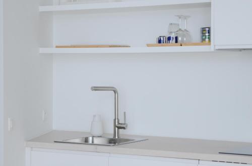 安特卫普Stylish Apartment City Center的带水槽和白色橱柜的厨房